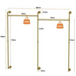 Nordara Rustic Wooden Wall Mount Clothing Rack Storage Unit in Gold - Size: 700mm - thumbnail 2