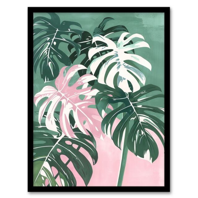 "Artery8 Plant Lover Monstera Leaves Green Pink Botanical Framed Art Print - Size: W12"" x H16""" - image 1