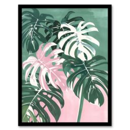 "Artery8 Plant Lover Monstera Leaves Green Pink Botanical Framed Art Print - Size: W12"" x H16""" - thumbnail 1