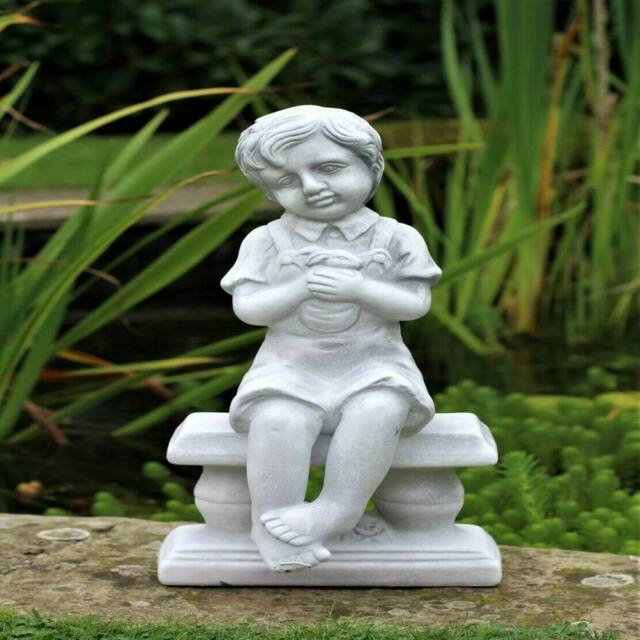 VOGREX Grey Boy Garden Ornament bench Statue Decorative Patio