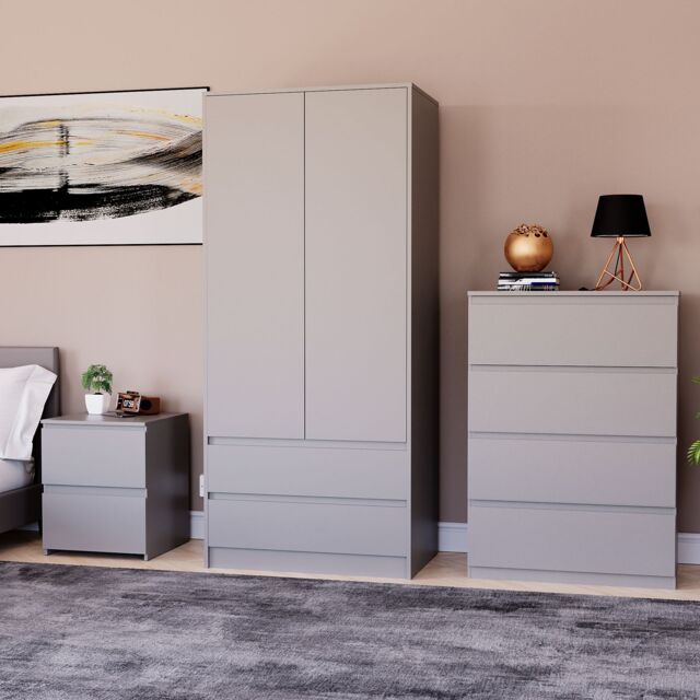 Home Discount Vida Designs Denver Bedroom Set (2 Dr Bedside, 4 Dr Chest, Wardrobe) in Grey - image 1
