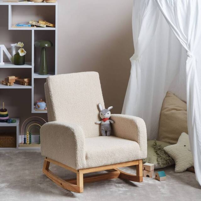 Wyld and Coco Kids HighBack Rocking Chair - Light Beige Bouclé Rubberwood Rockers - image 1