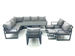 Fimous Aluminum Outdoor Garden Furniture Set Corner Sofa 3 Chair 2 Small Footstool Adjustable Rising Lifting Dining Table Sets Dark Grey - thumbnail 1