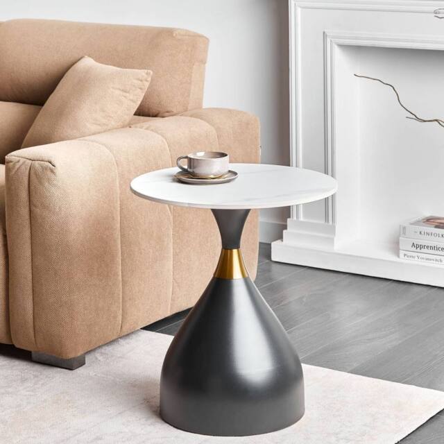 Wyld and Coco Sculptural Side Table 50cm White Sintered Stone Top Black Metal - image 1