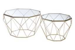 Orsina Geometric Set Of 2 Clear Glass Tables, Iron Frame Side Table By Couch, Champagne Finish Lounge Table in Silver - thumbnail 2
