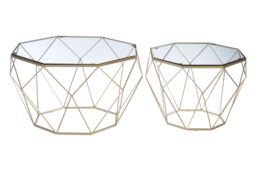 Orsina Geometric Set Of 2 Clear Glass Tables, Iron Frame Side Table By Couch, Champagne Finish Lounge Table in Silver