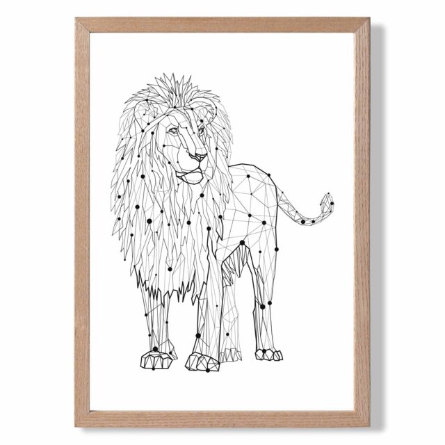 ARTZE Line Art Lion Geometric Animal Framed Print SIZE: A4 with Oak Frame in Black - image 1