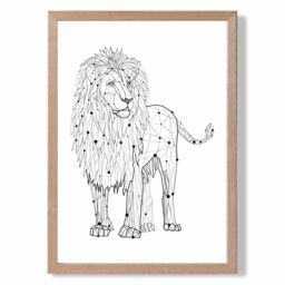ARTZE Line Art Lion Geometric Animal Framed Print SIZE: A4 with Oak Frame in Black