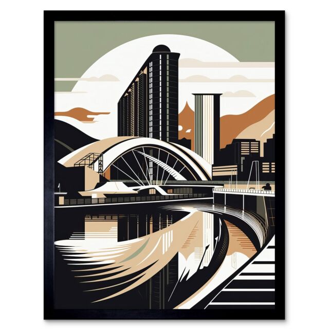 "Artery8 Wall Art Print Clyde Arc Bridge Abstract Cityscape Art Framed in Black - Size: W12"" x H16""" - image 1