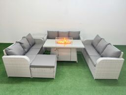 Fimous PE Rattan Lounge Sofa Set 10 Seater Outdoor Garden Furniture Set with Firepit Dining Table 3 Seater Sofa Big Footstool Side Table Light Grey - thumbnail 1