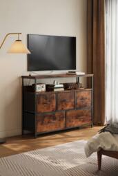 H&O Direct 5-Drawer Metal Frame Chest of Drawers Storage Cabinet with Power Strip in Brown - thumbnail 2
