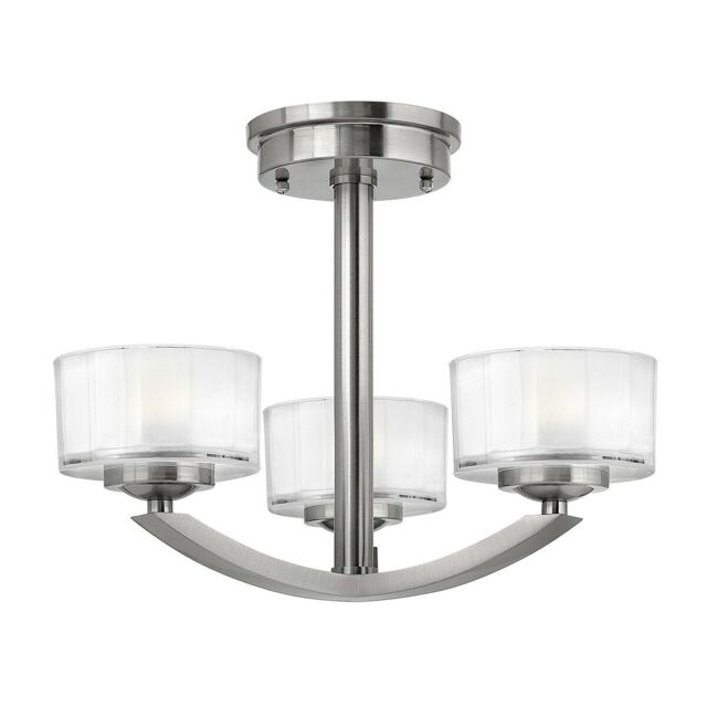 Loops 3 Bulb Semi Flush Light Faceted 13mm Thick Glass. Brushed Nickel LED G9 3.5W in Metallics
