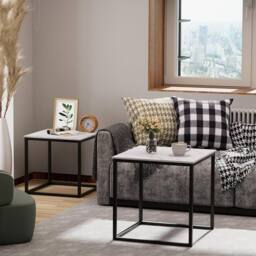 Huhote Metal Frame Marble Finish Top Nesting Side End Table 2 Set Coffee Table in Black - thumbnail 6