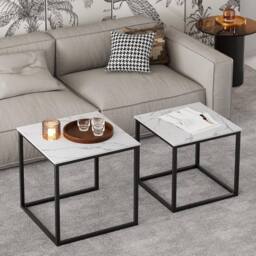 Huhote Metal Frame Marble Finish Top Nesting Side End Table 2 Set Coffee Table in Black