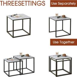 Huhote Metal Frame Marble Finish Top Nesting Side End Table 2 Set Coffee Table in Black - thumbnail 8