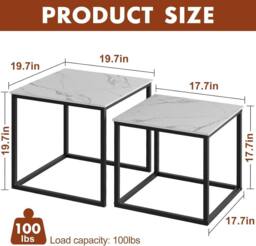 Huhote Metal Frame Marble Finish Top Nesting Side End Table 2 Set Coffee Table in Black - thumbnail 3