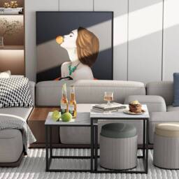 Huhote Metal Frame Marble Finish Top Nesting Side End Table 2 Set Coffee Table in Black - thumbnail 4
