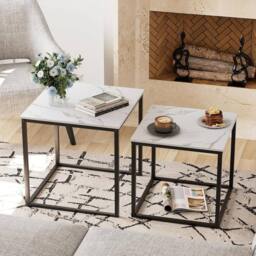 Huhote Metal Frame Marble Finish Top Nesting Side End Table 2 Set Coffee Table in Black - thumbnail 2