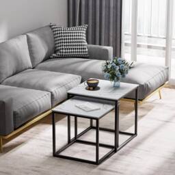 Huhote Metal Frame Marble Finish Top Nesting Side End Table 2 Set Coffee Table in Black - thumbnail 5