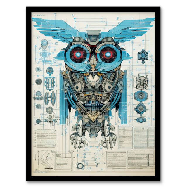 Artery8 Wall Art Print Owl Robot Machine Schematic Diagram Engineering Page Blue Gold Futuristic Technology Design Artwork Framed - Size: A4 - image 1