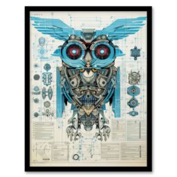 Artery8 Wall Art Print Owl Robot Machine Schematic Diagram Engineering Page Blue Gold Futuristic Technology Design Artwork Framed - Size: A4 - thumbnail 1