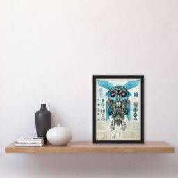 Artery8 Wall Art Print Owl Robot Machine Schematic Diagram Engineering Page Blue Gold Futuristic Technology Design Artwork Framed - Size: A4 - thumbnail 4