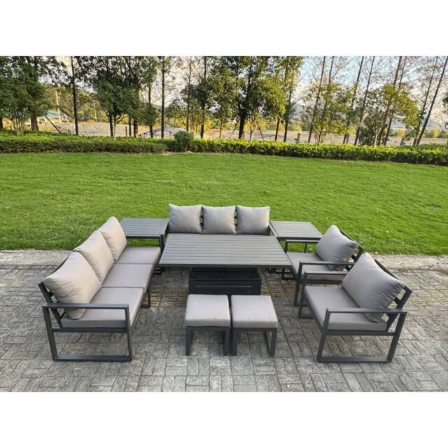 Fimous Aluminum 10-Seater Dining Set with Lifting Table & 2 Side Tables in Dark Grey - image 1