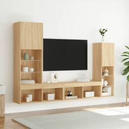 Berkfield Home 4 Piece TV Wall Units with LED Sonoma Oak Engineered Wood in Brown - thumbnail 4