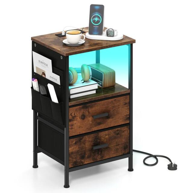 Gymax Nightstand End Table With Charging Station 2 Drawers & LED lights in Brown - image 1