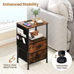 Gymax Nightstand End Table With Charging Station 2 Drawers & LED lights in Brown - thumbnail 7