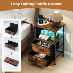 Gymax Nightstand End Table With Charging Station 2 Drawers & LED lights in Brown - thumbnail 6