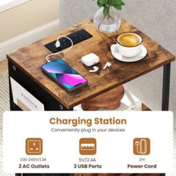 Gymax Nightstand End Table With Charging Station 2 Drawers & LED lights in Brown - thumbnail 4