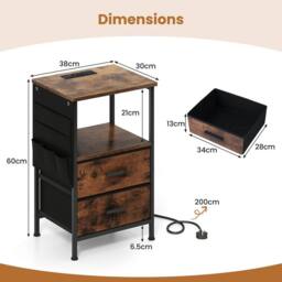 Gymax Nightstand End Table With Charging Station 2 Drawers & LED lights in Brown - thumbnail 2