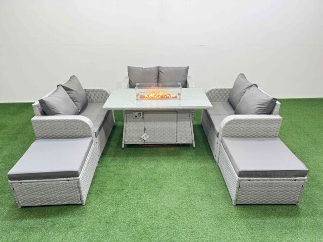 Fimous 8 Seater PE Wicker Rattan Furniture Sofa Sets with Firepit Dining Table 2 Seater Love Sofa 2 Big Footstool Light Grey - image 1