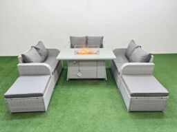 Fimous 8 Seater PE Wicker Rattan Furniture Sofa Sets with Firepit Dining Table 2 Seater Love Sofa 2 Big Footstool Light Grey - thumbnail 2