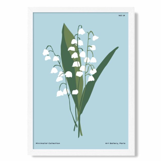 ARTZE Blue lilly of the Valley Flower Market Minimalist Framed Print SIZE: A3 with White Frame in Mid Blue - Size: A4 - image 1