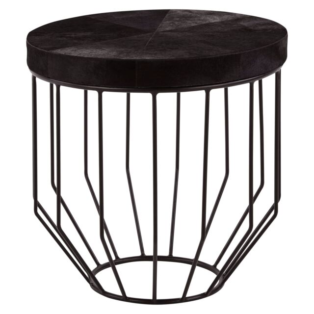 Orsina Black Leather Top Round Side Table, Hair On Hide Leather With Iron Wire Frame, Boutique Style Accent Table - image 1