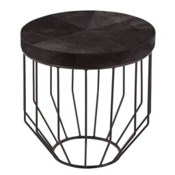 Orsina Black Leather Top Round Side Table, Hair On Hide Leather With Iron Wire Frame, Boutique Style Accent Table - thumbnail 3
