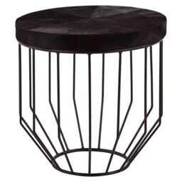 Orsina Black Leather Top Round Side Table, Hair On Hide Leather With Iron Wire Frame, Boutique Style Accent Table - thumbnail 1