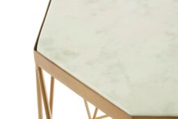 Orsina Side Table With Octagonal Top, White Marble Inset With Sublime Veining, Geometric Black Iron Frame in Gold - thumbnail 5