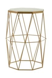Orsina Side Table With Octagonal Top, White Marble Inset With Sublime Veining, Geometric Black Iron Frame in Gold