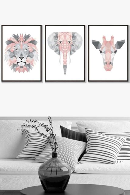 ARTZE Geometric Pink Grey Jungle Animal Heads Framed Wall Art - Large in Black - Size: W53 cm x H73 cm x D20mm - image 1