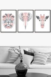 ARTZE Geometric Pink Grey Jungle Animal Heads Framed Wall Art - Large in Black - Size: W53 cm x H73 cm x D20mm - thumbnail 1