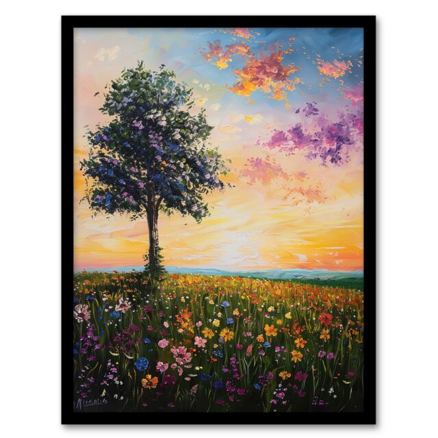 "Artery8 Tree Spring Wildflower Meadow Sunset Oil Painting Framed Art Print in Orange - Size: W12"" x H16""" - image 1