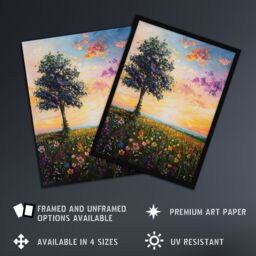"Artery8 Tree Spring Wildflower Meadow Sunset Oil Painting Framed Art Print in Orange - Size: W12"" x H16""" - thumbnail 2