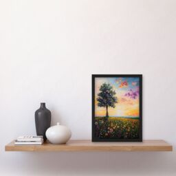 "Artery8 Tree Spring Wildflower Meadow Sunset Oil Painting Framed Art Print in Orange - Size: W12"" x H16""" - thumbnail 4