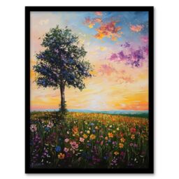 "Artery8 Tree Spring Wildflower Meadow Sunset Oil Painting Framed Art Print in Orange - Size: W12"" x H16""" - thumbnail 1