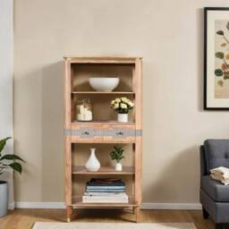 Indian Hub Wilton 2 Drawers Open Bookcase - Acacia Wood - L40 x W85 x H180 cm in Brown - thumbnail 2