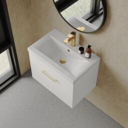 Balterley 1 Drawer Wall Hung Vanity Basin Unit White Brushed Brass Handle 600mm - thumbnail 3