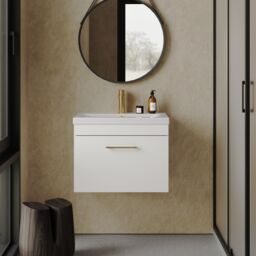 Balterley 1 Drawer Wall Hung Vanity Basin Unit White Brushed Brass Handle 600mm - thumbnail 2